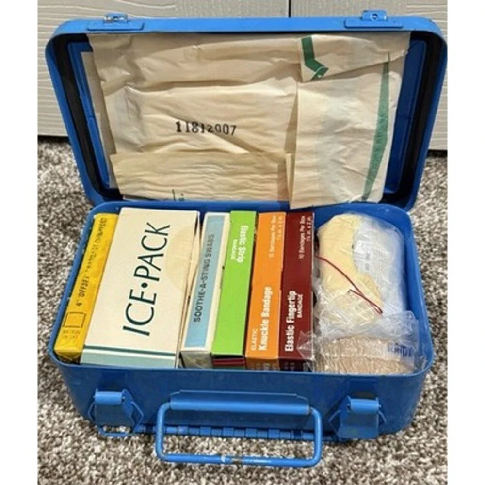 Vintage Rare Blue ACME INDUSTRIAL FIRST AID KIT #50 Metal With Lots Of Contents